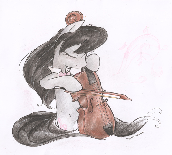 Size: 2518x2267 | Tagged: safe, artist:piquipauparro, derpibooru import, octavia melody, earth pony, bow (instrument), bowtie, cello, cello bow, musical instrument, solo, traditional art