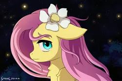 Size: 4096x2731 | Tagged: safe, artist:symbianl, derpibooru import, fluttershy, firefly (insect), insect, pegasus, pony, bust, chest fluff, cute, female, floppy ears, flower, flower in hair, folded wings, high res, looking at you, mare, night, outdoors, portrait, profile, shyabetes, solo, stray strand, wind, windswept mane, wings