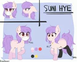 Size: 3500x2800 | Tagged: safe, artist:drawalaverr, derpibooru import, oc, oc:suni hye, earth pony, pony, bell, clothes, expressions, female, jewelry, mare, mask, necklace, reference, reference sheet, smiling, socks, solo