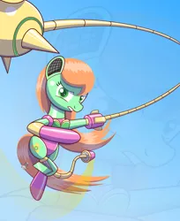 Size: 1280x1571 | Tagged: safe, artist:trackheadtherobopony, derpibooru import, oc, oc:goldheart, pony, robot, robot pony, female, flail, jumping, mare, retractible legs, solo, weapon
