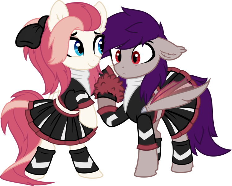Size: 7995x6413 | Tagged: safe, artist:aureai, derpibooru import, oc, oc:aureai, oc:coldfire (bat pony), unofficial characters only, bat pony, pegasus, pony, absurd resolution, bow, cheerleader, cheerleader outfit, clothes, confused, crossdressing, female, folded wings, hair over one eye, happy, looking at someone, male, mare, pom pom, ponytail, raised eyebrow, raised hoof, simple background, smiling, stallion, standing, transparent background, transparent wings, vector, wings