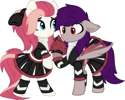 Size: 7995x6413 | Tagged: safe, artist:aureai, derpibooru import, oc, oc:aureai, oc:coldfire (bat pony), unofficial characters only, bat pony, pegasus, pony, absurd resolution, bow, cheerleader, cheerleader outfit, clothes, confused, crossdressing, female, folded wings, hair over one eye, happy, looking at someone, male, mare, pom pom, ponytail, raised eyebrow, raised hoof, simple background, smiling, stallion, standing, transparent background, transparent wings, vector, wings