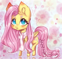 Size: 2445x2300 | Tagged: safe, artist:zefirka, derpibooru import, fluttershy, pegasus, pony, :t, abstract background, blushing, bow, braid, clothes, cute, ear fluff, female, folded wings, high res, looking at you, mare, raised leg, scarf, shyabetes, solo, standing, tail bow, three quarter view, wings