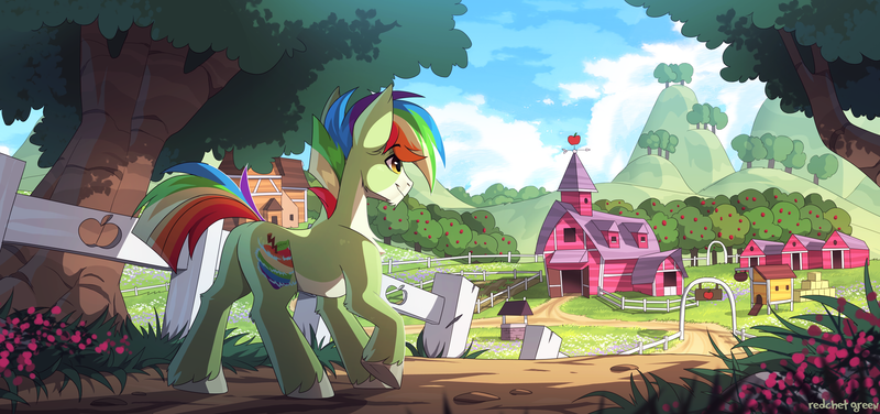 Size: 3000x1409 | Tagged: safe, artist:redchetgreen, derpibooru import, oc, unofficial characters only, earth pony, pony, apple, apple tree, barn, chicken coop, cloven hooves, cutie mark, dirt, farm, fence, food, grass, high res, looking ahead, male, mountain, pale belly, scenery, smiling, solo, sweet apple acres, tree, unshorn fetlocks, walking, wings