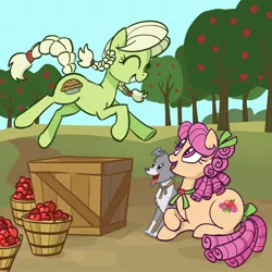 Size: 2048x2048 | Tagged: safe, artist:pfeffaroo, derpibooru import, apple rose, granny smith, dog, earth pony, pony, apple, apple tree, basket, bolo tie, bow, braid, bushel basket, crate, cute, duo, eyes closed, female, food, hair bow, happy, high res, jumping, looking at someone, looking up, lying down, mare, midair, open mouth, outdoors, prone, sitting, smiling, sweet apple acres, tail bow, tree, young apple rose, young granny smith, younger