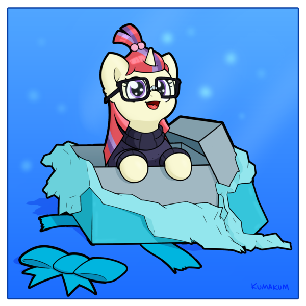 Size: 1900x1900 | Tagged: safe, artist:kumakum, derpibooru import, moondancer, pony, unicorn, bow, box, clothes, cute, dancerbetes, female, glasses, happy, mare, pony in a box, present, smiling, sweater, weapons-grade cute