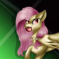 Size: 1080x1080 | Tagged: safe, artist:rxndxm.artist, derpibooru import, fluttershy, bat pony, pony, abstract background, apple, bat ponified, fangs, female, flutterbat, food, mare, mouth hold, race swap, raised hoof, solo