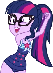Size: 645x886 | Tagged: safe, artist:gmaplay, derpibooru import, sci-twi, twilight sparkle, equestria girls, equestria girls series, forgotten friendship, clothes, one-piece swimsuit, open mouth, sci-twi swimsuit, simple background, sleeveless, solo, swimsuit, transparent background, vector