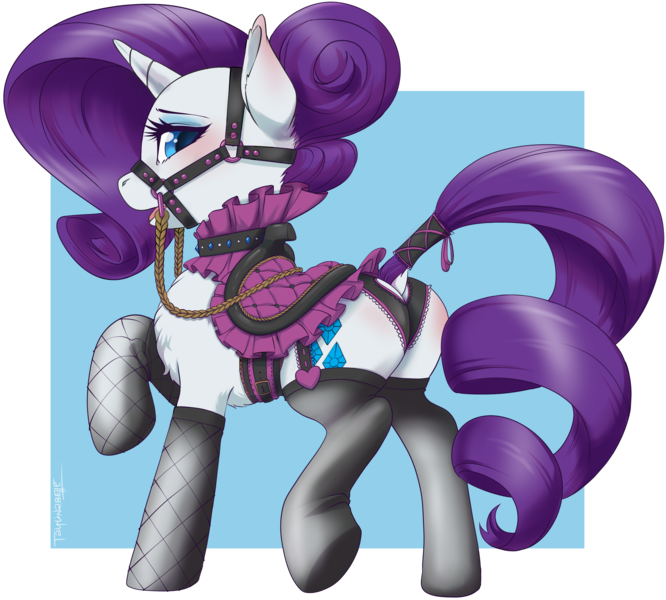 Size: 3346x3016 | Tagged: suggestive, artist:taytinabelle, derpibooru import, rarity, pony, unicorn, beautiful, bedroom eyes, belly fluff, blue background, blushing, bridle, butt, butt blush, chest fluff, choker, clothes, collar, cute, cutie mark, dock, ear blush, ear fluff, female, fishnets, frilly underwear, garters, girth, halter, lace, lingerie, looking at you, looking back, looking back at you, mare, open mouth, panties, panting, plot, raised hoof, raised tail, rear view, rearity, reins, rope, saddle, sexy, simple background, socks, solo, solo female, stockings, tack, tail, tail wrap, thigh highs, thong, transparent background, underhoof, underwear