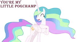 Size: 10555x5800 | Tagged: safe, artist:laszlvfx, derpibooru import, edit, vector edit, princess celestia, pony, absurd resolution, accessory-less edit, cute, eyes closed, female, happy, high res, mare, missing accessory, open mouth, pogchamp, pointing, simple background, smiling, solo, text, transparent background, vector