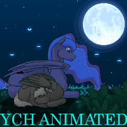 Size: 400x400 | Tagged: safe, artist:imreer, derpibooru import, oc, alicorn, firefly (insect), insect, pegasus, pony, animated, blinking, commission, duo, ethereal mane, female, full moon, gif, lying down, mare, moon, night, outdoors, pegasus oc, pixel art, prone, starry mane, stars, wings, your character here