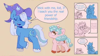 Size: 1920x1080 | Tagged: safe, artist:ufemmeo, derpibooru import, cozy glow, trixie, pegasus, pony, unicorn, a better ending for cozy, comic, dialogue, duo, duo female, eyeroll, eyes closed, female, good end, speech bubble, weather boy