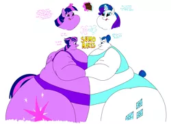 Size: 13016x9412 | Tagged: suggestive, artist:princebluemoon3, derpibooru import, rarity, twilight sparkle, alicorn, anthro, unicorn, absurd resolution, alternate hairstyle, belly, big belly, bingo wings, butt, cake, chubby cheeks, double chin, duo, duo female, fat, female, food, huge belly, huge butt, impossibly large belly, impossibly large butt, large butt, levitation, magic, morbidly obese, obese, raritubby, rearity, simple background, small head, sumo, telekinesis, twibutt, twilard sparkle, white background