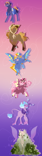 Size: 944x3500 | Tagged: safe, artist:bunnari, derpibooru import, applejack, fluttershy, pinkie pie, rainbow dash, rarity, twilight sparkle, earth pony, flutter pony, pegasus, pony, unicorn, g5, spoiler:g5, alternate design, alternate hairstyle, applejack (g5), bag, bandaid, bush, earth pony twilight, female, fluttershy (g5), freckles, glasses, glowing horn, hat, helmet, horn, image, leonine tail, levitation, magic, mane six, mane six (g5), mare, markings, pegasus pinkie pie, pinkie pie (g5), png, race swap, rainbow dash (g5), rarity (g5), redesign, saddle bag, scroll, sun hat, sunglasses, telekinesis, twilight sparkle (g5), twitterina design, unshorn fetlocks