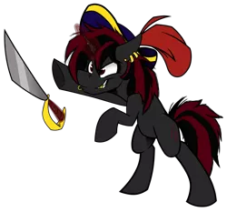 Size: 4389x4086 | Tagged: safe, artist:adilord, derpibooru import, oc, pony, unicorn, bipedal, ear piercing, gold tooth, grin, hat, magic, male, piercing, pirate, pirate hat, raised hoof, simple background, smiling, solo, stallion, sword, telekinesis, transparent background, weapon