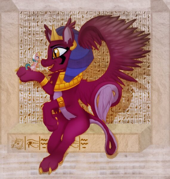 Size: 1024x1077 | Tagged: safe, artist:monikakryza, derpibooru import, somnambula, sphinx (character), pegasus, pony, sphinx, duo, hieroglyphics, holding a pony, in goliath's palm, macro, micro, size difference