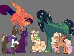 Size: 1280x967 | Tagged: safe, artist:vintagefeline, derpibooru import, oc, oc:autumn ambrosia cider, oc:ragamuffin, oc:smudged serif, oc:strawberry milk, oc:sundappled pond, oc:velvet, unofficial characters only, earth pony, hybrid, pegasus, pony, unicorn, female, gray background, interspecies offspring, magical lesbian spawn, male, mare, next generation, offspring, parent:applejack, parent:capper dapperpaws, parent:discord, parent:dumbbell, parent:fluttershy, parent:pinkie pie, parent:rainbow dash, parent:rarity, parent:rockhoof, parent:tempest shadow, parents:applecord, parents:capperdash, parents:doctwi, parents:dumbpie, parents:rockshy, parents:tempity, simple background, stallion