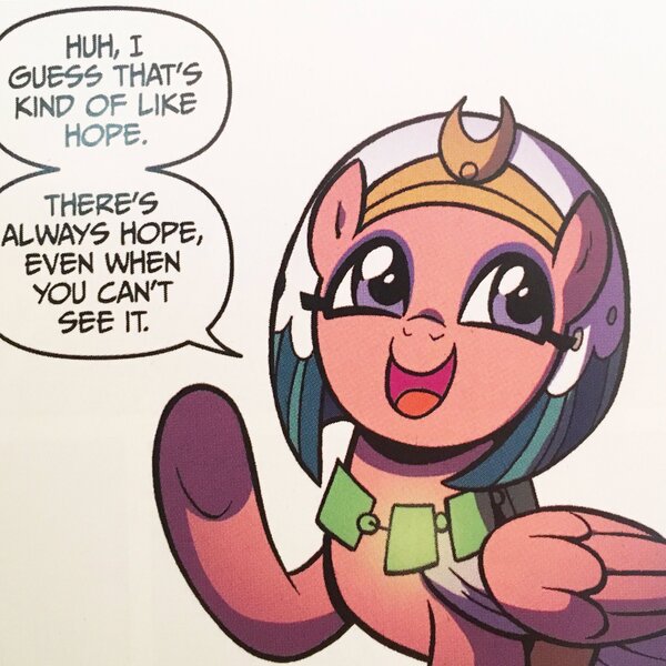 Size: 2048x2048 | Tagged: safe, artist:brendahickey, derpibooru import, idw, somnambula, pegasus, pony, spoiler:comic, spoiler:comiclom5, glowpaz, hope, open mouth, raised hoof, smiling, solo, speech bubble, underhoof