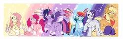 Size: 5930x1940 | Tagged: safe, artist:maikatystar, derpibooru import, applejack, fluttershy, pinkie pie, rainbow dash, rarity, twilight sparkle, twilight sparkle (alicorn), alicorn, earth pony, pegasus, unicorn, :p, blaze (coat marking), chest fluff, coat markings, colored wings, dappled, ear fluff, leonine tail, mane six, missing cutie mark, multicolored wings, pale belly, raised hoof, socks (coat marking), spread wings, tongue out, wings