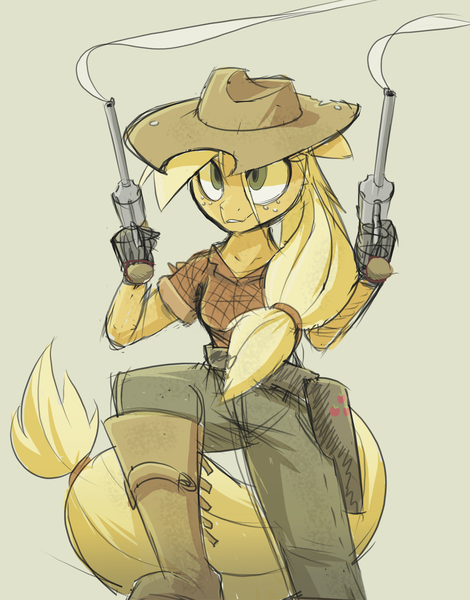 Size: 1152x1470 | Tagged: safe, artist:ikarooz, derpibooru import, applejack, anthro, earth pony, boots, clothes, cowboy hat, gun, handgun, hat, holster, pants, revolver, shirt, shoes, simple background, smiling, smoking gun, solo, weapon