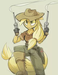 Size: 1152x1470 | Tagged: safe, artist:ikarooz, derpibooru import, applejack, anthro, earth pony, boots, clothes, cowboy hat, gun, handgun, hat, holster, pants, revolver, shirt, shoes, simple background, smiling, smoking gun, solo, weapon