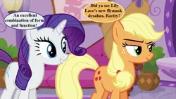 Size: 1280x720 | Tagged: safe, derpibooru import, edit, edited screencap, screencap, applejack, rarity, applejack's "day" off, applejack's hat, couch, cowboy hat, dialogue, hat, implied lily lace, ponyville spa, potted plant, speech bubble