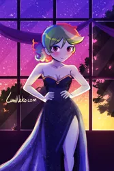 Size: 750x1125 | Tagged: safe, artist:lumineko, derpibooru import, rainbow dash, equestria girls, adorasexy, alternate hairstyle, bare shoulders, beautiful, blushing, breasts, cleavage, cute, dashabetes, evening, evening gown, eyebrows visible through hair, eyeshadow, female, hand on hip, hands on hip, legs, looking at you, makeup, ponytail, rainbow dash always dresses in style, sexy, side slit, sleeveless, solo, stars, strapless, stupid sexy rainbow dash, window