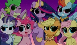 Size: 4096x2410 | Tagged: safe, artist:kittyrosie, derpibooru import, applejack, fluttershy, pinkie pie, princess twilight 2.0, rainbow dash, rarity, spike, twilight sparkle, twilight sparkle (alicorn), alicorn, pegasus, unicorn, the last problem, blushing, crown, cute, hoof shoes, jewelry, mane seven, mane six, older, older applejack, older fluttershy, older mane seven, older mane six, older pinkie pie, older rainbow dash, older rarity, older spike, older twilight, one eye closed, open mouth, regalia, smiling, wink