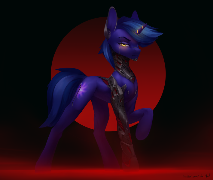 Size: 5861x4959 | Tagged: safe, artist:dashid, derpibooru import, oc, oc:cosmic embers, unofficial characters only, original species, pony, unicorn, augmented, cyber legs, cybernetic eyes, cyberpunk, cyberpunk 2077, gradient background, heterochromia, horn, male, simple background, solo, stallion, unicorn oc