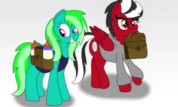Size: 1280x771 | Tagged: safe, artist:lynnthenerdkitty, derpibooru import, oc, oc:shatter misty cloud, oc:starshine twinkle, ponified, pegasus, pony, baby bottle, bag, clothes, diaper, diaper bag, diaper fetish, duo, duo female, female, fetish, foal bottle, grin, hoodie, mouth hold, saddle bag, shatter (transformers), shirt, smiling, transformers