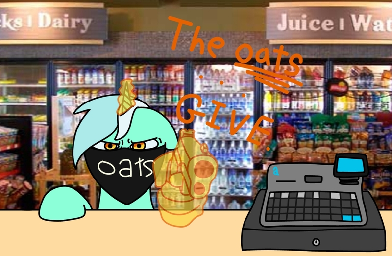 Size: 1528x997 | Tagged: safe, artist:melodysketch, derpibooru import, lyra heartstrings, pony, unicorn, cash register, food, gas station, gun, magic, oats, offscreen character, pov, solo, stealing, threat, weapon