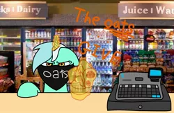 Size: 1528x997 | Tagged: safe, artist:melodysketch, derpibooru import, lyra heartstrings, pony, unicorn, cash register, food, gas station, gun, magic, oats, offscreen character, pov, solo, stealing, threat, weapon