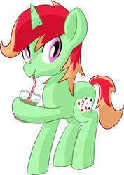 Size: 1013x1428 | Tagged: safe, artist:notadeliciouspotato, derpibooru import, oc, oc:jonin, unofficial characters only, pony, unicorn, hoof hold, horn, iced coffee, looking at you, male, simple background, sipping, smiling, solo, stallion, straw, transparent background