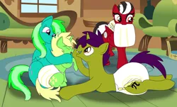 Size: 1280x771 | Tagged: suggestive, artist:lynnthenerdkitty, derpibooru import, oc, oc:shatter misty cloud, oc:starshine twinkle, ponified, pegasus, pony, unicorn, adult foal, boop, crossover, diaper, diaper fetish, donatello, eyes closed, fetish, mental regression, mouth hold, nursery, open mouth, peridot (steven universe), poofy diaper, shatter (transformers), smiling, steven universe, teenage mutant ninja turtles, transformers