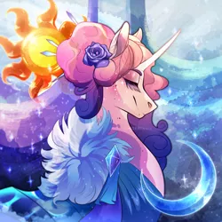 Size: 2500x2500 | Tagged: safe, artist:pumpkabooo, derpibooru import, princess amore, pony, unicorn, absurd resolution, alternate universe, beautiful, clothes, coat, colored pupils, crystal empire, curly hair, dress, eyelashes, eyes closed, female, flower, flower in hair, gem, horn, jewelry, moon, multicolored hair, regalia, shiny, smiling, solo, stars, sun