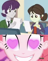 Size: 606x774 | Tagged: safe, derpibooru import, edit, screencap, indigo wreath, pinkie pie, sophisticata, coinky-dink world, eqg summertime shorts, equestria girls, equestria girls series, cropped, dramas, female, heart eyes, indigocata, love, male, meme, pinkie the shipper, pinkie's eyes, shipping, straight, wingding eyes