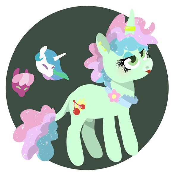 Size: 1280x1319 | Tagged: safe, artist:sandieapple, derpibooru import, cheerilee, princess celestia, oc, oc:cherry flare, alicorn, earth pony, pony, unicorn, cheerilestia, colt, crossdressing, ear piercing, earring, ethereal mane, eyelashes, female, femboy, horn, horn ring, jewelry, lesbian, lipstick, magical lesbian spawn, male, offspring, parent:cheerilee, parent:princess celestia, parents:cheerilestia, piercing, ring, shipping