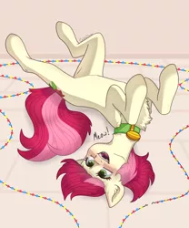 Size: 2500x3000 | Tagged: safe, artist:chibadeer, derpibooru import, roseluck, pony, behaving like a cat, chest fluff, collar, cute, fangs, fluffy, garland, lying down, on back, pet tag, pony pet, rosepet