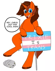 Size: 2480x3184 | Tagged: safe, artist:mcsplosion, derpibooru import, trixie, oc, oc:painterly flair, unicorn, bait, female, gender headcanon, headcanon, hornet's nest, implied trixie, lgbt headcanon, metaphor, op is a duck, op is trying to start shit, op started shit and op is laughing at you, pride flag, self aware bait, sign, trans mare trixie, trans trixie, transgender