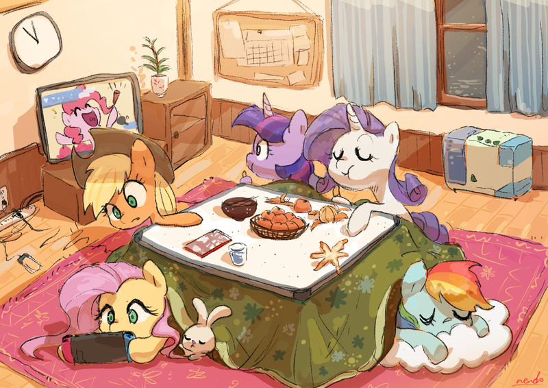 Size: 1980x1400 | Tagged: safe, artist:nendo, derpibooru import, angel bunny, applejack, fluttershy, pinkie pie, rainbow dash, rarity, twilight sparkle, alicorn, earth pony, pegasus, pony, unicorn, applejack's hat, box, clock, cowboy hat, curtains, cushion, eating, eyes closed, female, fruit, hat, image, indoors, kotatsu, mane six, mare, nintendo, nintendo switch, open mouth, pillow, png, sleeping, tangerine, television, watching tv, window