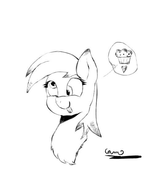 Size: 468x600 | Tagged: safe, artist:@cameron, derpibooru import, derpy hooves, pegasus, pony, bust, cute, fluffy, food, heart, lineart, muffin, portrait, smiling, thinking, tongue out