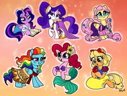 Size: 2048x1546 | Tagged: safe, artist:sophillia, derpibooru import, applejack, fluttershy, pinkie pie, rainbow dash, rarity, twilight sparkle, twilight sparkle (alicorn), alicorn, earth pony, mermaid, pegasus, pony, unicorn, alternate hairstyle, ariel, beauty and the beast, belle, book, clothes, disney princess, dress, female, mane six, mare, megara, mermaidized, moana, moana waialiki, rapunzel, snow white, species swap, tangled (disney), the little mermaid