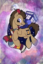 Size: 1364x2048 | Tagged: safe, artist:sophillia, derpibooru import, doctor whooves, time turner, earth pony, pony, abstract background, clothes, doctor who, fez, hat, male, mouth hold, scarf, solo, sonic screwdriver, stallion, striped scarf, tardis, the doctor, zoom layer