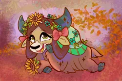 Size: 2048x1364 | Tagged: safe, artist:sophillia, derpibooru import, yona, yak, abstract background, bow, cloven hooves, cute, female, floral head wreath, flower, flower in hair, hair bow, monkey swings, solo, yonadorable