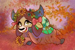 Size: 2048x1364 | Tagged: safe, alternate version, artist:sophillia, derpibooru import, yona, yak, abstract background, bow, cloven hooves, cute, female, floral head wreath, flower, flower in hair, hair bow, happy, monkey swings, solo, sunflower, yonadorable