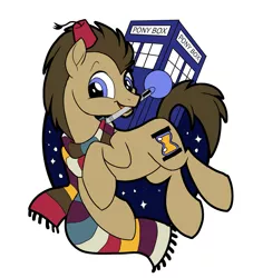 Size: 1863x2048 | Tagged: safe, alternate version, artist:sophillia, derpibooru import, doctor whooves, time turner, earth pony, pony, clothes, doctor who, fez, hat, male, mouth hold, scarf, simple background, solo, sonic screwdriver, stallion, striped scarf, tardis, the doctor, white background