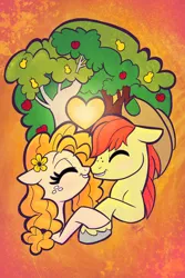 Size: 1364x2048 | Tagged: safe, artist:sophillia, derpibooru import, bright mac, pear butter, pony, abstract background, apple, apple tree, boop, brightbutter, eyes closed, female, floating heart, food, hat, heart, holding hooves, intertwined trees, male, mare, noseboop, pear tree, shipping, stallion, straight, tree