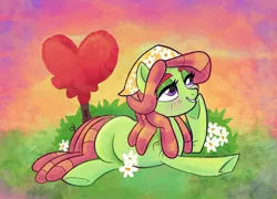 Size: 2048x1478 | Tagged: safe, artist:sophillia, derpibooru import, tree hugger, earth pony, pony, abstract background, cute, female, flower, hoof on chin, huggerbetes, lying down, mare, smiling, solo