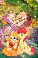 Size: 828x1280 | Tagged: safe, artist:sophillia, derpibooru import, bright mac, pear butter, earth pony, pony, apple, apple tree, blushing, brightbutter, colored pupils, female, food, guitar, hat, intertwined trees, looking at each other, male, mare, musical instrument, pear tree, shipping, stallion, straight, tree