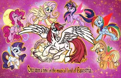 Size: 1280x828 | Tagged: safe, artist:sophillia, derpibooru import, applejack, fluttershy, pinkie pie, rainbow dash, rarity, twilight sparkle, oc, oc:fausticorn, alicorn, earth pony, pegasus, pony, unicorn, big crown thingy, book, element of generosity, element of honesty, element of kindness, element of laughter, element of loyalty, element of magic, elements of harmony, female, jewelry, mane six, mare, quill pen, regalia, scroll, unicorn twilight